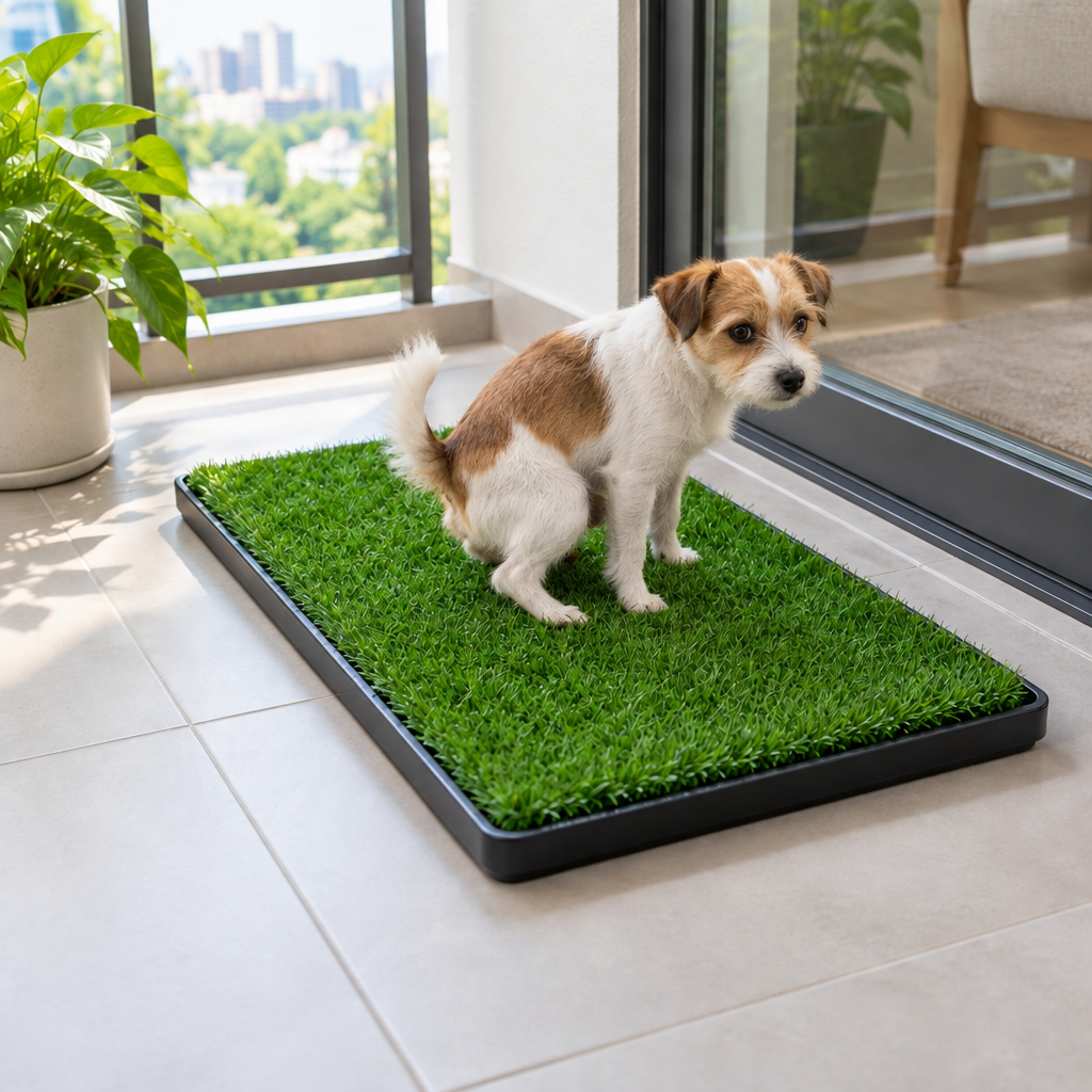 Dog using the grass mat