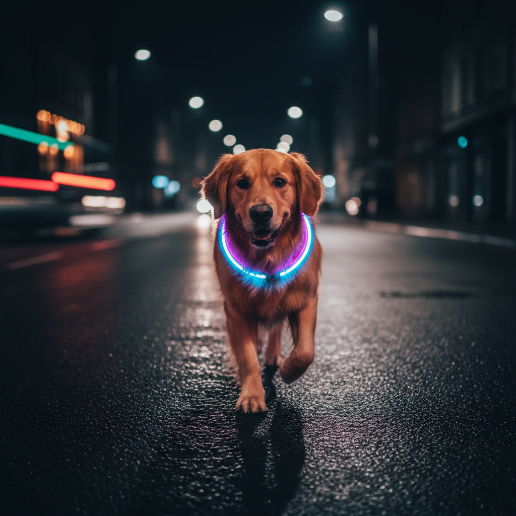 Dog wearing LED collar glowing at night