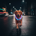 Dog wearing LED collar glowing at night