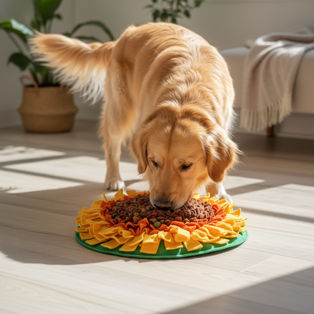 Dog foraging through sunflower snuffle mat